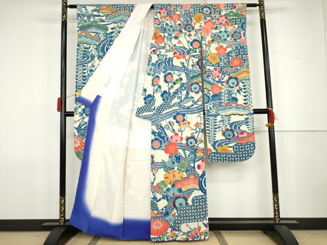 平和屋着物●豪華振袖　型染め　流水枝梅文　鬼しぼ縮緬　正絹　逸品　AABJ8671cs