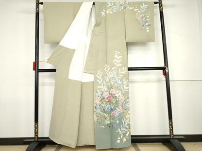 平和屋着物●本加賀友禅作家　訪問着　枝花文　正絹　逸品　AABJ8677cs