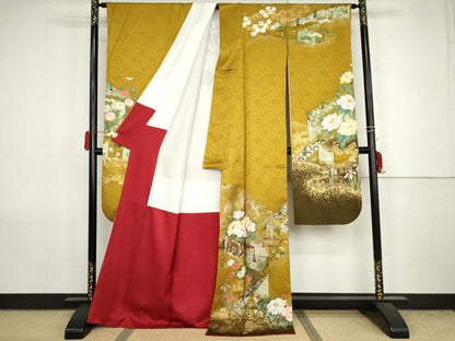 平和屋着物●豪華振袖　駒刺繍　吉祥花車文　金彩　正絹　逸品　AABJ8689cs