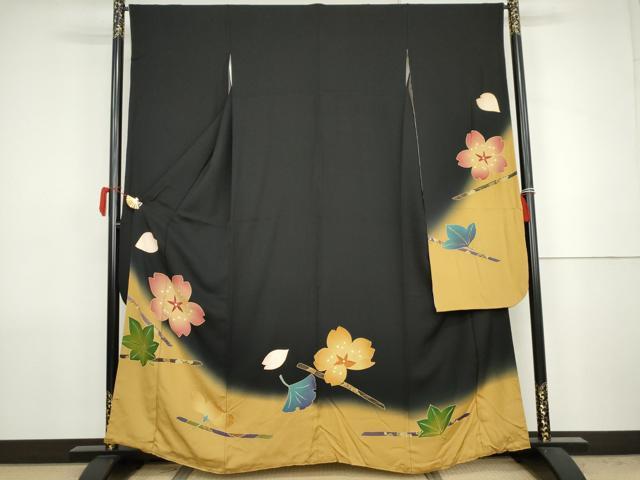 平和屋着物●豪華振袖　吹寄せ花文　暈し染め　黒地　金彩　正絹　逸品　AABJ8691cs