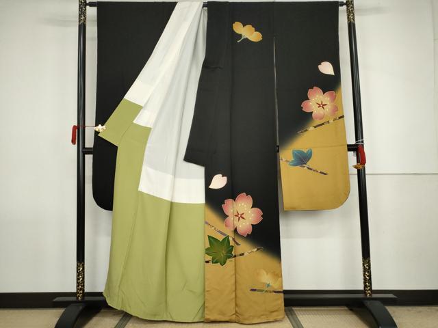 平和屋着物●豪華振袖　吹寄せ花文　暈し染め　黒地　金彩　正絹　逸品　AABJ8691cs