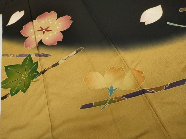 平和屋着物●豪華振袖　吹寄せ花文　暈し染め　黒地　金彩　正絹　逸品　AABJ8691cs