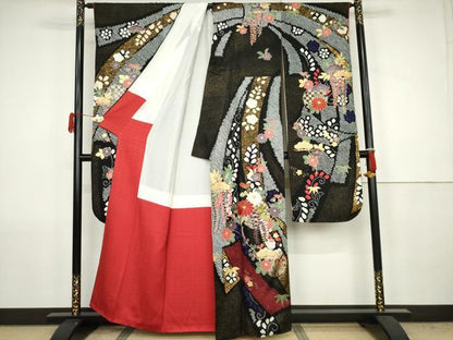 平和屋着物●豪華振袖　駒刺繍　絞り　束ね熨斗吉祥花文　黒地　金糸　金彩　正絹　逸品　AABJ8693cs