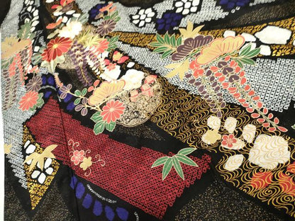 平和屋着物●豪華振袖　駒刺繍　絞り　束ね熨斗吉祥花文　黒地　金糸　金彩　正絹　逸品　AABJ8693cs