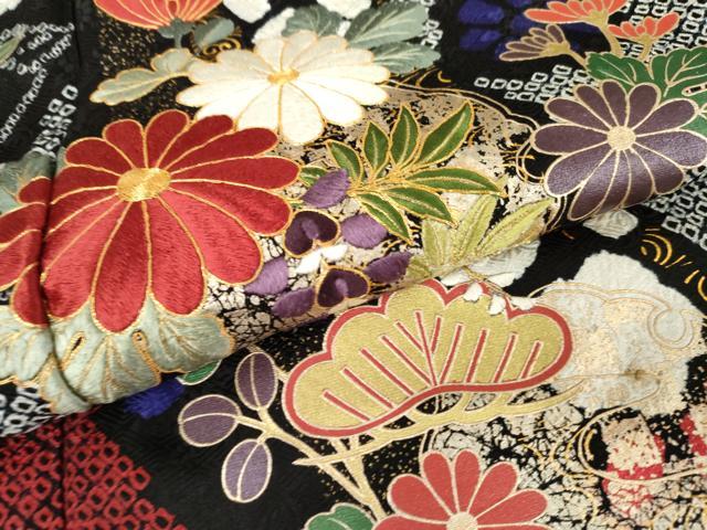 平和屋着物●豪華振袖　駒刺繍　絞り　束ね熨斗吉祥花文　黒地　金糸　金彩　正絹　逸品　AABJ8693cs