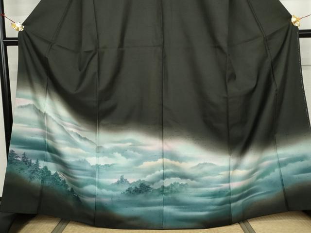 平和屋着物●訪問着　紬地　遠山風景樹林文　正絹　逸品　AABJ8702cs