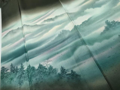 平和屋着物●訪問着　紬地　遠山風景樹林文　正絹　逸品　AABJ8702cs