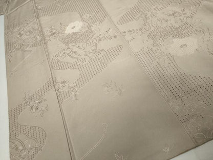 平和屋着物●中国三大刺繍　スワトウ刺繍　汕頭刺繍　総刺繍　色無地　茶鼠色　正絹　逸品　AABJ8711cs