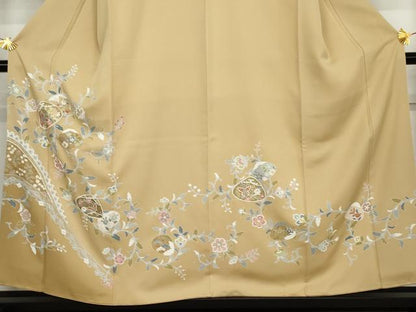 平和屋着物●訪問着　駒刺繍　貝合わせ更紗花蝶文　暈し染め　金彩　正絹　逸品　AABJ8713cs