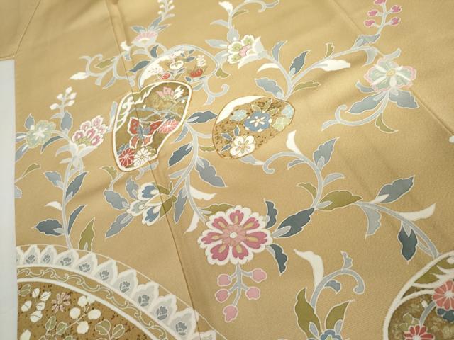 平和屋着物●訪問着　駒刺繍　貝合わせ更紗花蝶文　暈し染め　金彩　正絹　逸品　AABJ8713cs