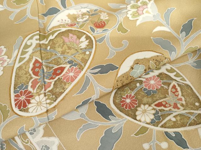 平和屋着物●訪問着　駒刺繍　貝合わせ更紗花蝶文　暈し染め　金彩　正絹　逸品　AABJ8713cs