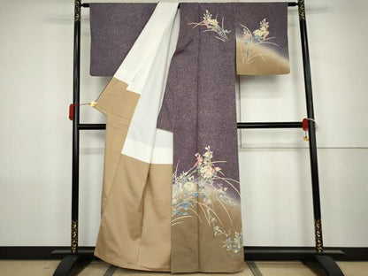 平和屋着物●訪問着　友禅　紬地　枝花文　金彩　正絹　逸品　AABJ8716cs