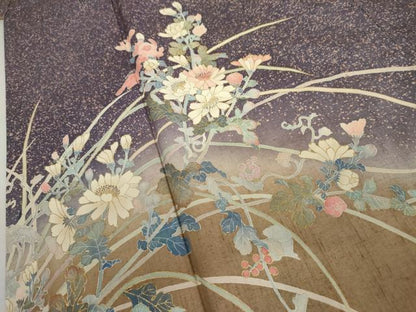 平和屋着物●訪問着　友禅　紬地　枝花文　金彩　正絹　逸品　AABJ8716cs