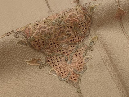 平和屋着物▽中国三大刺繍　蘇州刺繍　訪問着　単衣　更紗花文　金糸　正絹　逸品　AABJ8724st