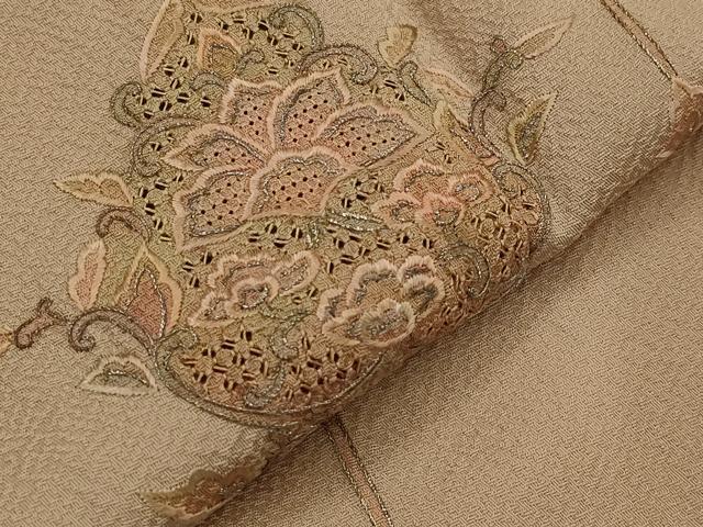 平和屋着物▽中国三大刺繍　蘇州刺繍　訪問着　単衣　更紗花文　金糸　正絹　逸品　AABJ8724st
