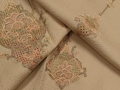 平和屋着物▽中国三大刺繍　蘇州刺繍　訪問着　単衣　更紗花文　金糸　正絹　逸品　AABJ8724st