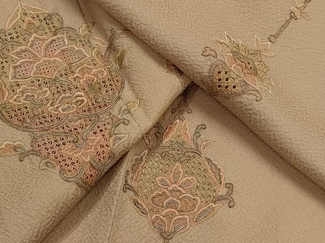 平和屋着物▽中国三大刺繍　蘇州刺繍　訪問着　単衣　更紗花文　金糸　正絹　逸品　AABJ8724st