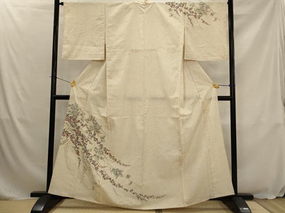 平和屋着物▽訪問着　単衣　紬地　草花文　正絹　逸品　AABJ8726ph