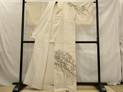 平和屋着物▽訪問着　単衣　紬地　草花文　正絹　逸品　AABJ8726ph