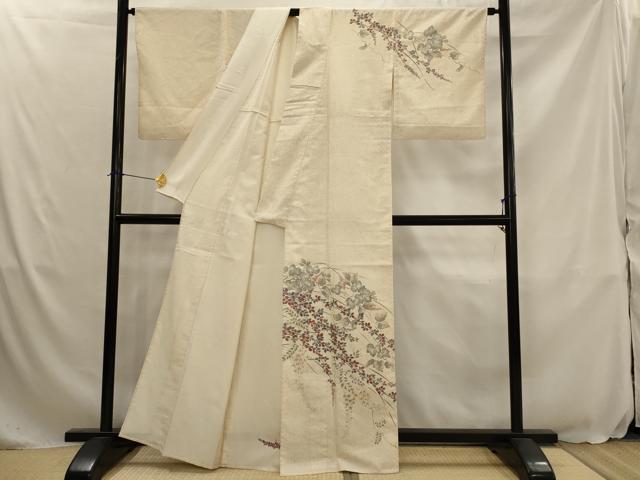 平和屋着物▽訪問着　単衣　紬地　草花文　正絹　逸品　AABJ8726ph