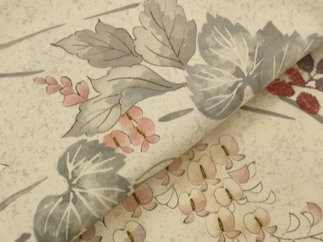平和屋着物▽訪問着　単衣　紬地　草花文　正絹　逸品　AABJ8726ph