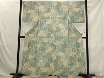 平和屋着物▽上質な小紋　単衣　切り嵌め更紗花文　鬼しぼ縮緬　正絹　逸品　AABJ8728ph