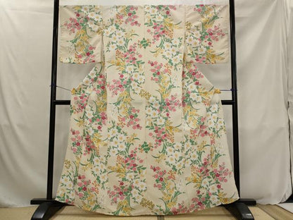 平和屋着物▽小紋　単衣　紅梅織　草花文　洗える着物　AABJ8731st