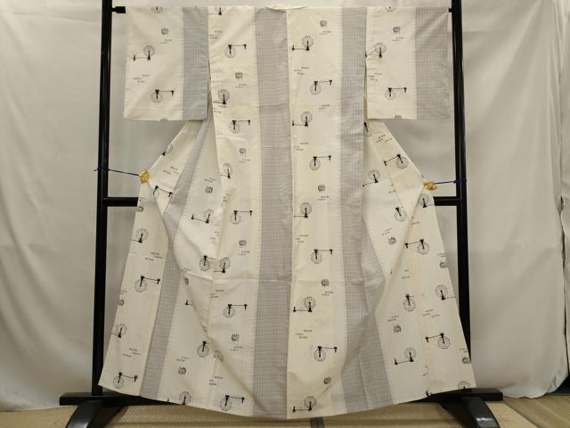 平和屋着物▽上質な紬　単衣　糸巻　糸車　正絹　逸品　AABJ8732st