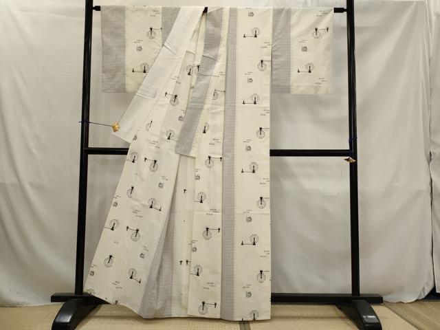 平和屋着物▽上質な紬　単衣　糸巻　糸車　正絹　逸品　AABJ8732st