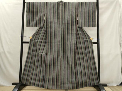 平和屋着物▽上質な紬　単衣　間道　正絹　逸品　AABJ8734st