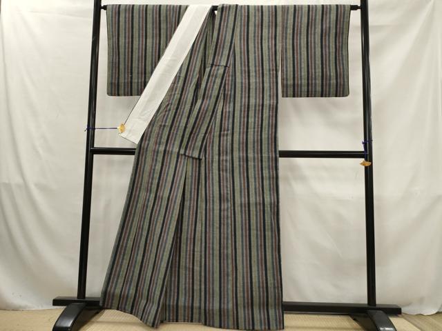 平和屋着物▽上質な紬　単衣　間道　正絹　逸品　AABJ8734st