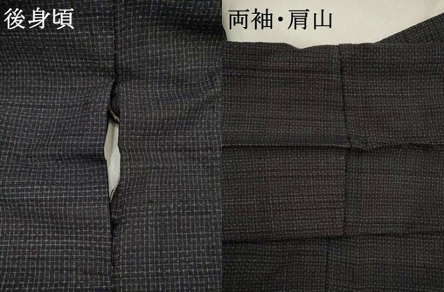 平和屋着物▽男性　結城紬　単衣　変わり格子　正絹　逸品　AABJ8737st