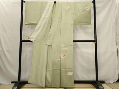 平和屋着物▽訪問着　単衣　駒刺繍　地紙花蝶文　暈し染め　金銀彩　正絹　逸品　AABJ8739st