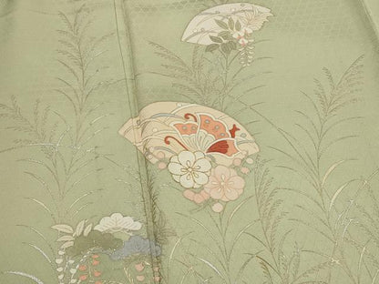 平和屋着物▽訪問着　単衣　駒刺繍　地紙花蝶文　暈し染め　金銀彩　正絹　逸品　AABJ8739st