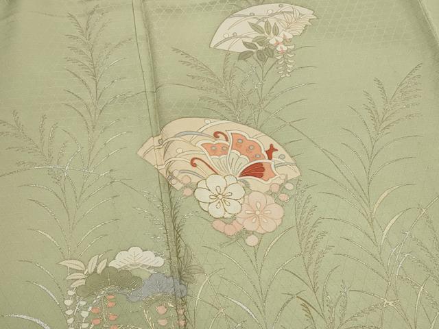 平和屋着物▽訪問着　単衣　駒刺繍　地紙花蝶文　暈し染め　金銀彩　正絹　逸品　AABJ8739st