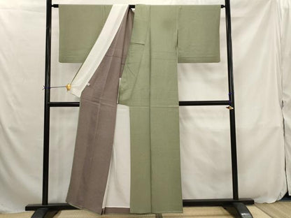 平和屋着物▽江戸小紋　単衣　万筋　白色×老竹色　正絹　逸品　AABJ8747st