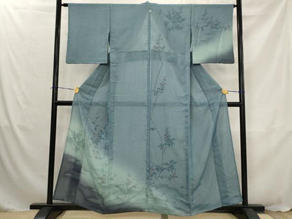 平和屋着物▽訪問着　無双　紗袷　紗×絽　手描き　枝花文　暈し染め　金彩　正絹　逸品　AABJ8750st