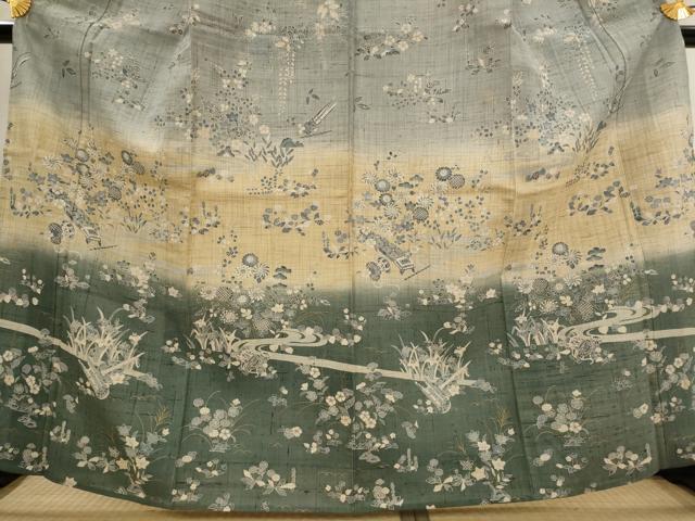 平和屋着物▽染織の名門　しょうざん  生紬　訪問着　単衣　流水草花文　暈し染め　金彩　三越扱い　正絹　逸品　AABJ8754st