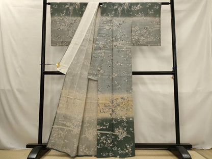 平和屋着物▽染織の名門　しょうざん  生紬　訪問着　単衣　流水草花文　暈し染め　金彩　三越扱い　正絹　逸品　AABJ8754st
