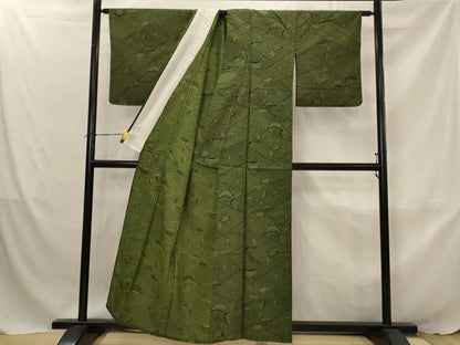 平和屋着物▽お召　単衣　草葉文　正絹　逸品　AABJ8761st