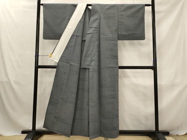 平和屋着物▽本塩沢　単衣　110亀甲　エ霞文　正絹　逸品　AABJ8765st