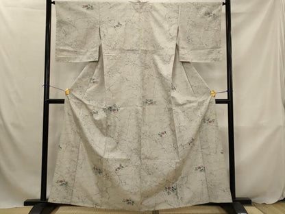 平和屋着物▽上質な小紋　単衣　紬地　草花文　正絹　逸品　AABJ8768st