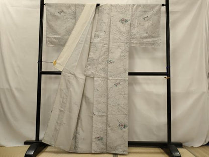 平和屋着物▽上質な小紋　単衣　紬地　草花文　正絹　逸品　AABJ8768st