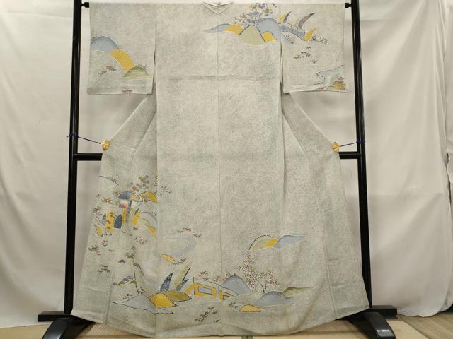 平和屋着物▽訪問着　単衣　型染め　風景文　金彩　大丸扱い　正絹　逸品　AABJ8769st