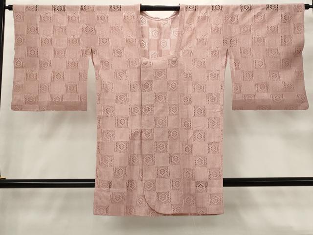 平和屋着物▽道行コート　スリーシーズン　春夏秋　塵除け　市松花文　退紅色　正絹　逸品　AABJ8773st