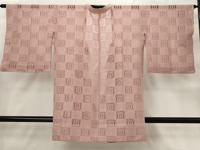 平和屋着物▽道行コート　スリーシーズン　春夏秋　塵除け　市松花文　退紅色　正絹　逸品　AABJ8773st