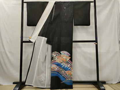平和屋着物＊夏物　黒留袖　絽　扇面飛鶴花文　暈し染め　金彩　洗える着物　AABJ8780st