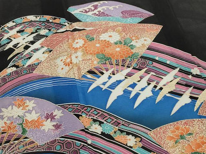 平和屋着物＊夏物　黒留袖　絽　扇面飛鶴花文　暈し染め　金彩　洗える着物　AABJ8780st