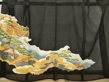 平和屋着物＊夏物　黒留袖　絽　駒刺繍　風景枝松文　金彩　正絹　逸品　AABJ8782st