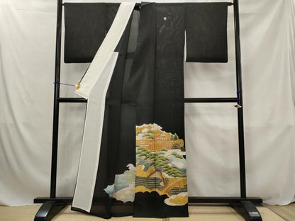 平和屋着物＊夏物　黒留袖　絽　駒刺繍　風景枝松文　金彩　正絹　逸品　AABJ8782st
